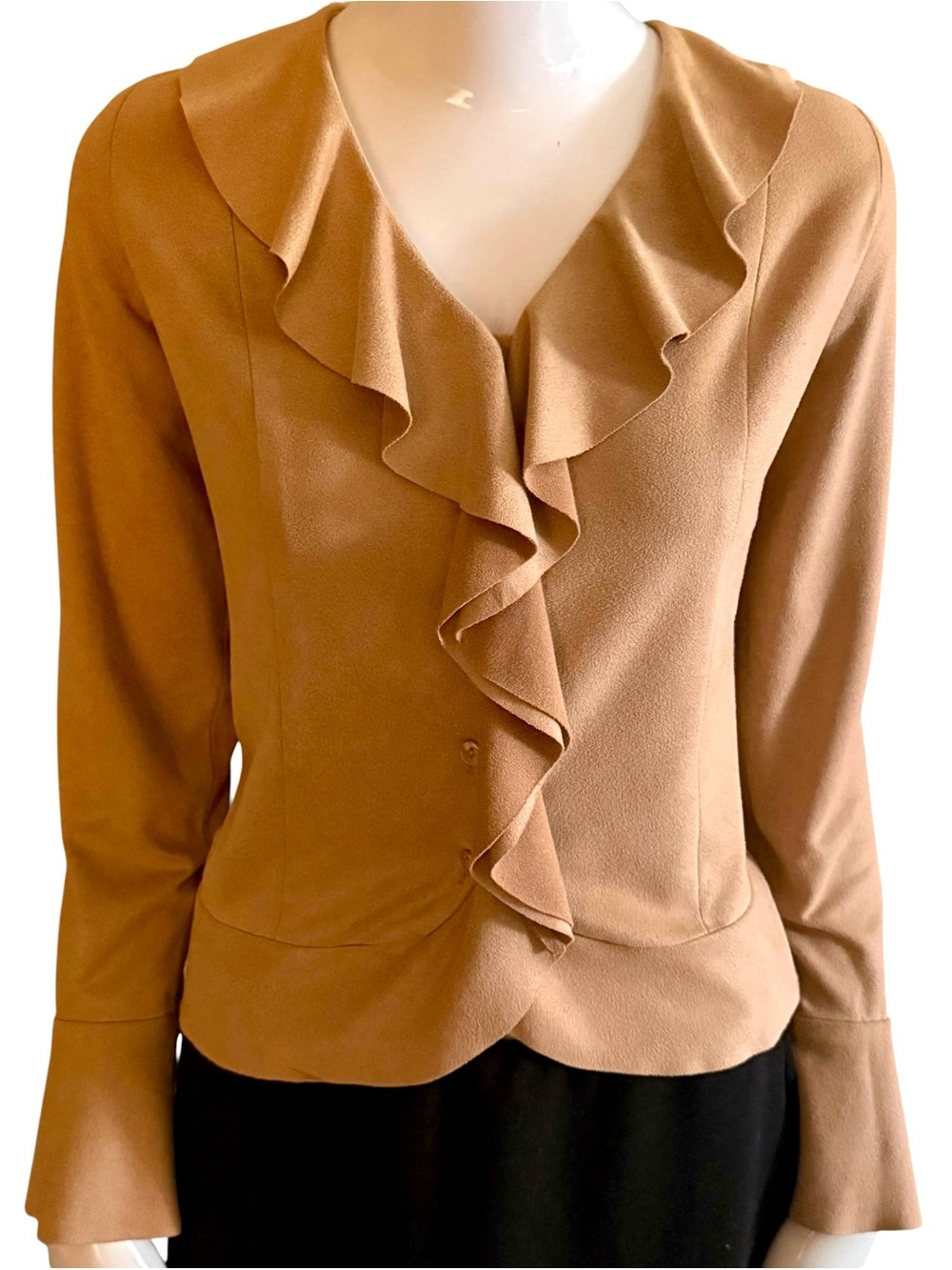Vintage Oscar de la Renta Button Down Top Ruffles Faux Tan Suede Jacket Size 14